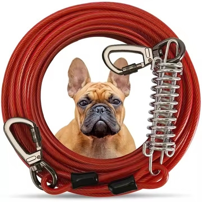 Harga yang bagus Red Tie Out Kabel Leash dengan Metal tahan lama Spring Double-Ended Steel Glue Coating Wire Traction Rope untuk Anjing Outdoor on line